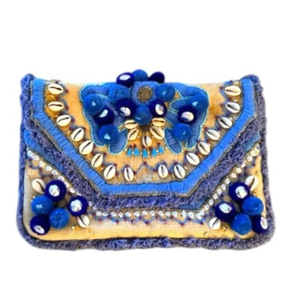 Roller Rabbit Kaela Beaded Shell Embroidered Clutch Jute Boho Bag